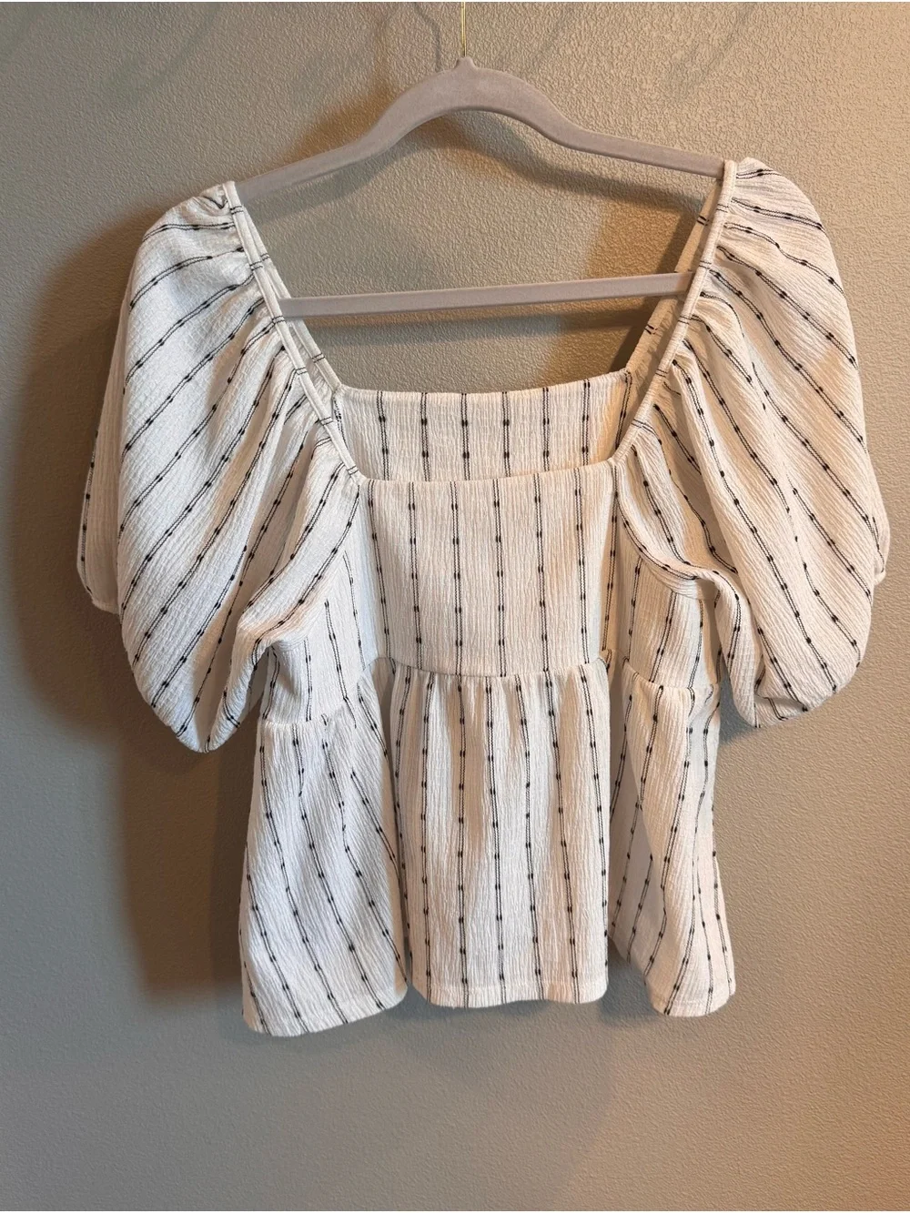 Madewell White Textured Puff-Sleeve Peplum Top with Black Pinstripes